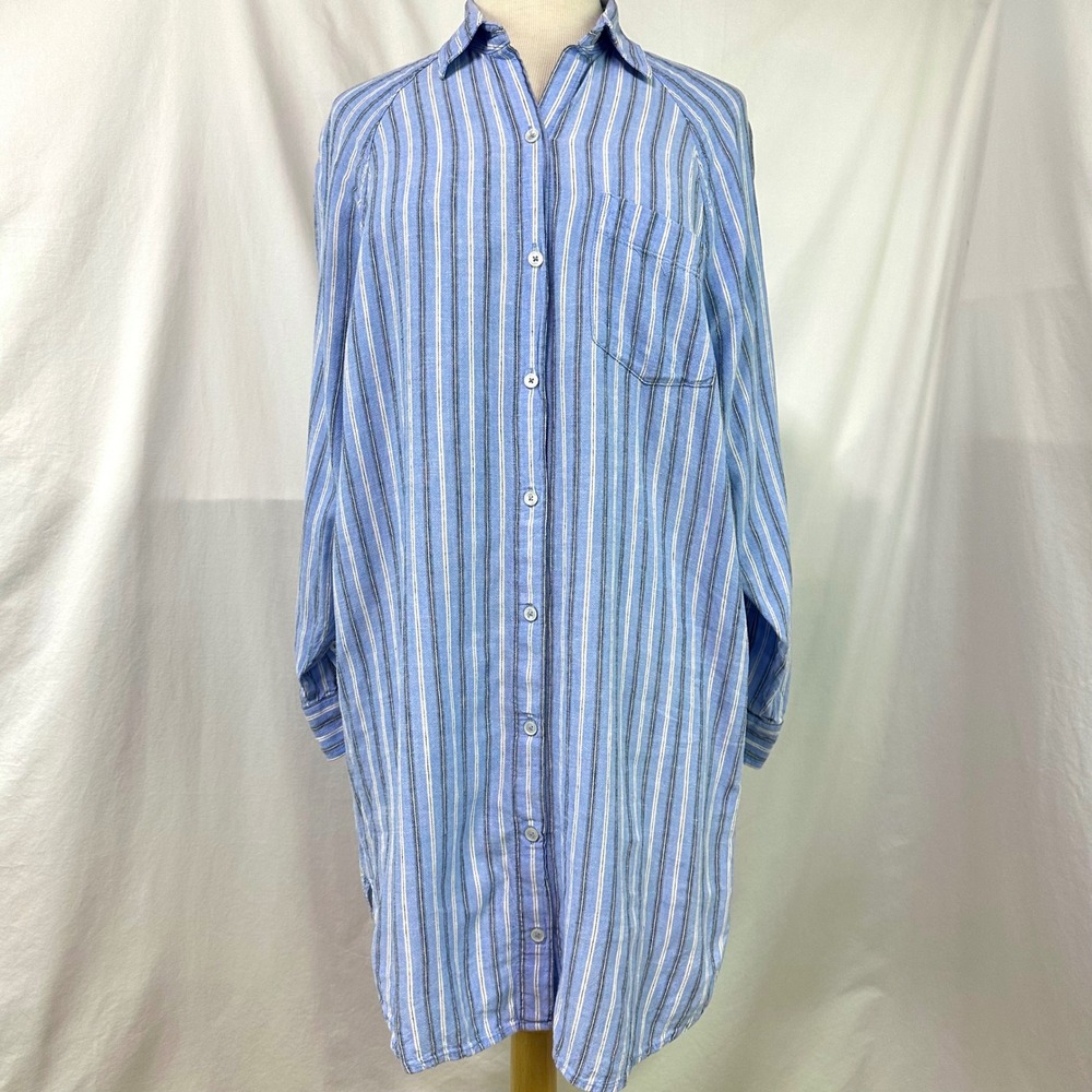 WILFRED FREE Aritzia Linen Blue White‎ Striped Boyfriend Shirt Dress XS Preppy